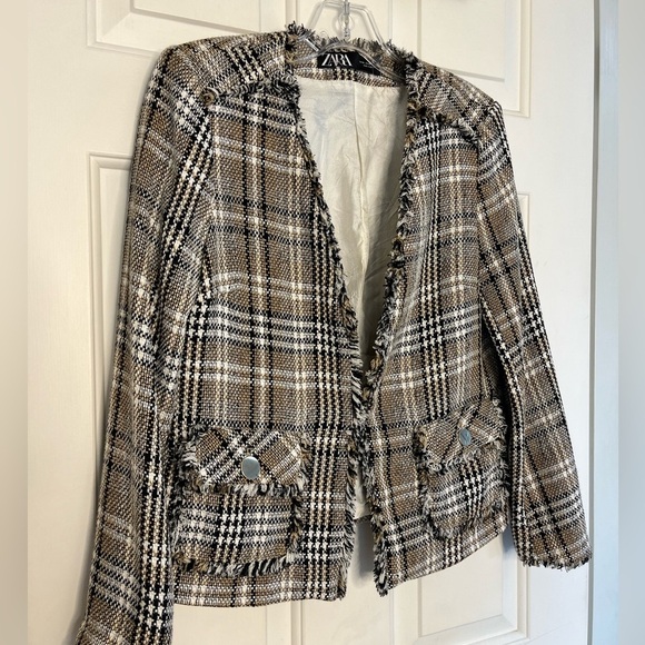 ZARA Tweed Frayed Plaid Blazer Cropped XS - Picture 3 of 16